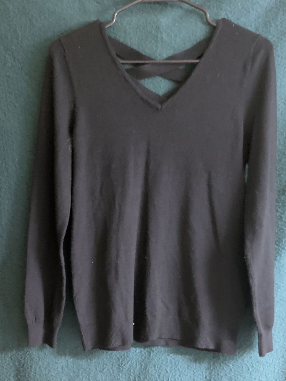 Women's Black V-Neck Crisscross Back Sweater